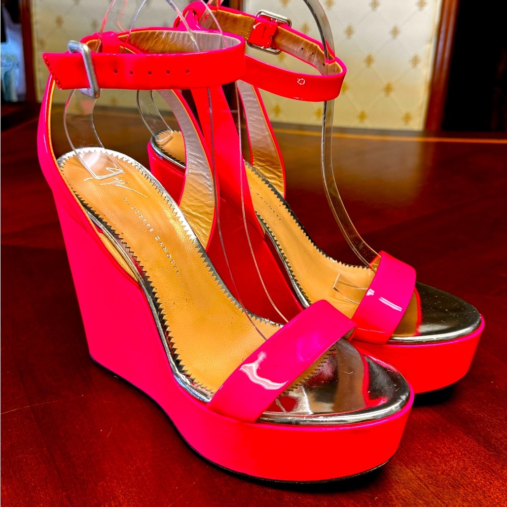 Spectacular Neon Pink Giuseppe Zanotti Ankle strap wedge heels 38.5 EUC